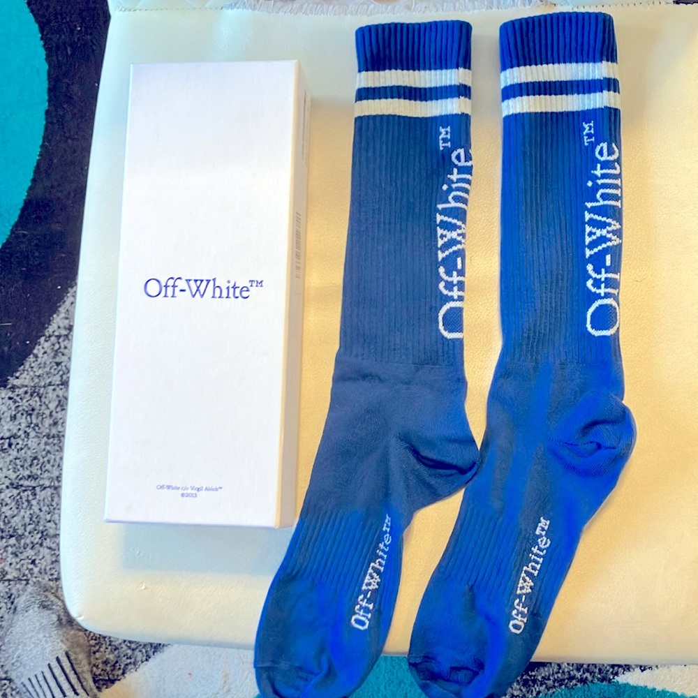*New in box* off white blue striped long socks